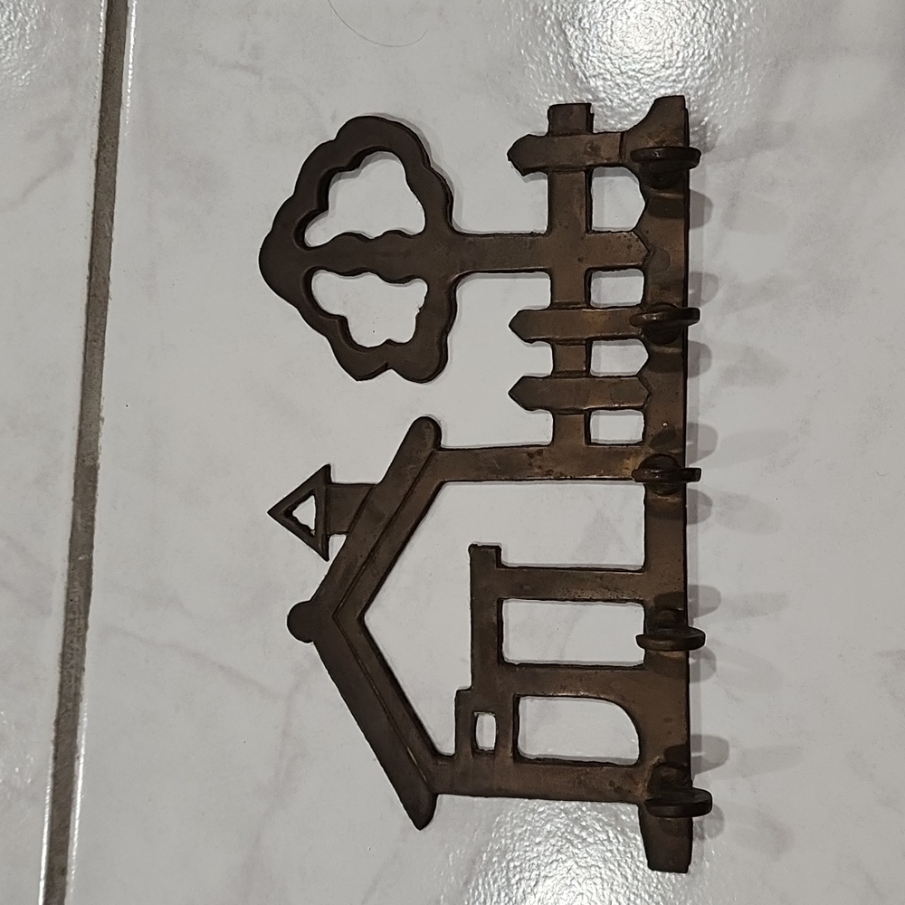 Solid Brass 5 Hook Key Holder House Tree and Picket Fence Theme Vintage